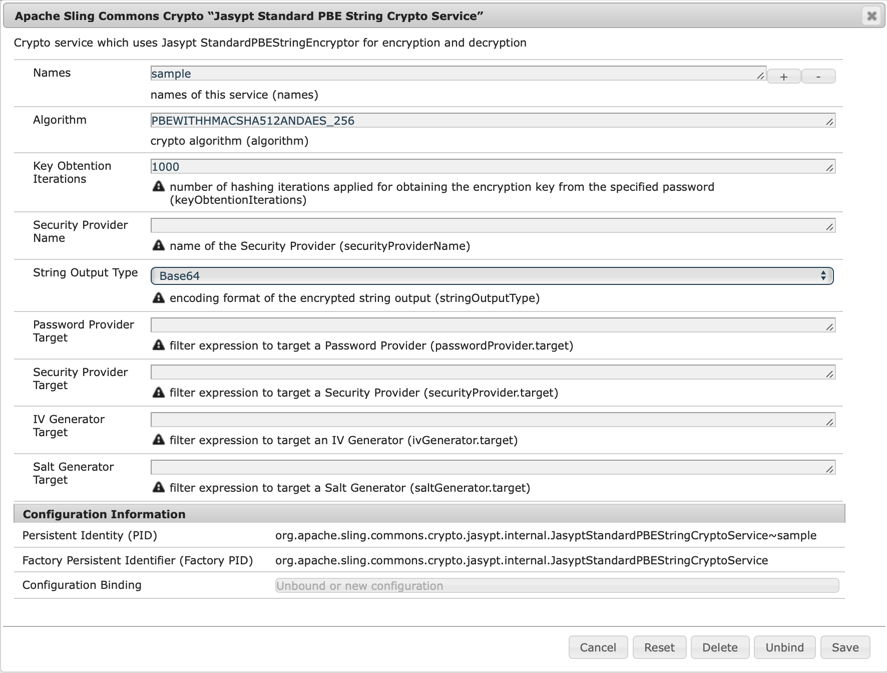 JasyptStandardPbeStringCryptoService Sample Configuration
